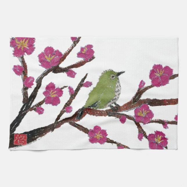 White Eye, Plum Tree, Bird Tea Towel (Horizontal)