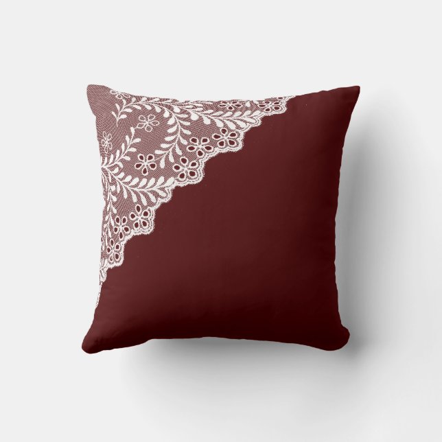 White Eyelet Lace Corner Maroon Red Cushion (Back)