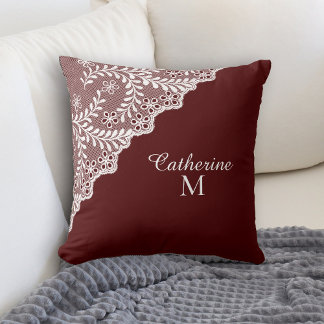 White Eyelet Lace Maroon Red Monogram Cushion