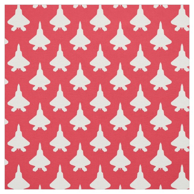White F-22 Raptor Fighter Jet Pattern on Red Fabric (Swatch)
