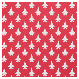 White F-35 Lightning Fighter Jet Pattern on Red Fabric