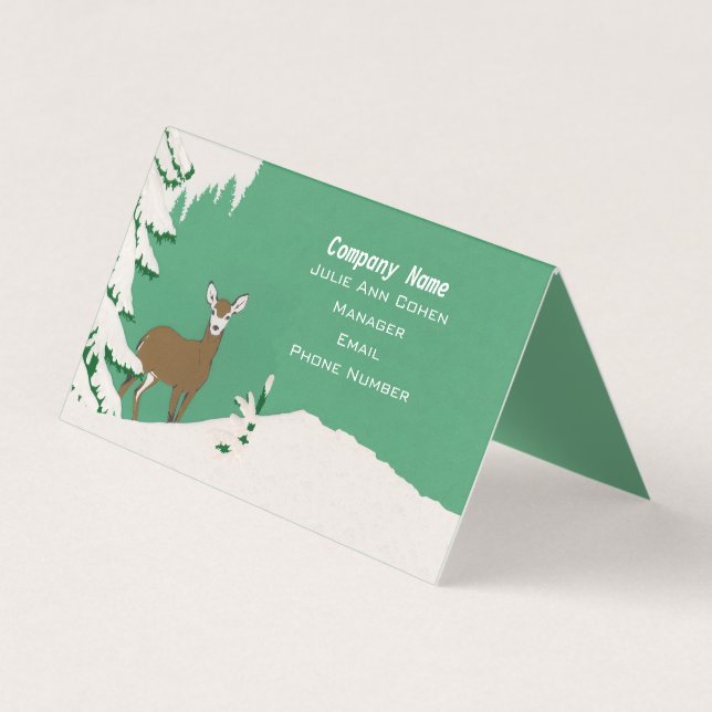 White Faced Female Deer Pine Tree Snow Green Business Card (Front)