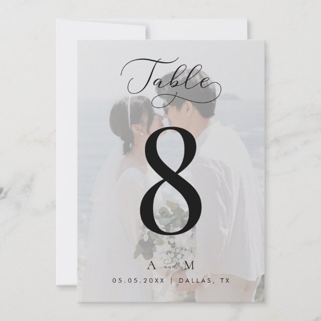 White Fade Photo Monogram Wedding 5x7 Table Number (Front)