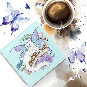 White Fairy Cat Mushroom Glass Coaster