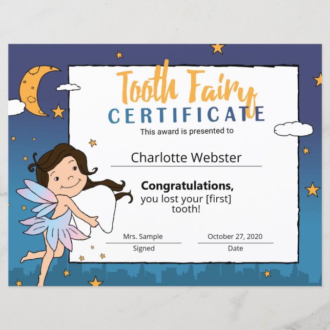 White Fairy Clip Art First Lost Tooth Certificate (Front)