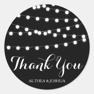 White Fairy Lights Black Thank You Stickers