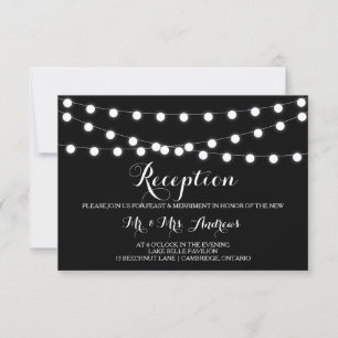 White Fairy Lights   Black Wedding Reception Card