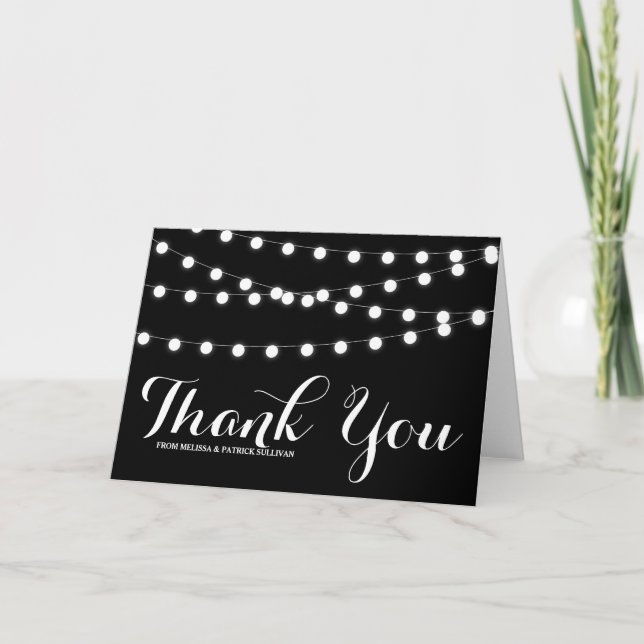 White Fairy Lights | Black Wedding Thank You Card (Front)