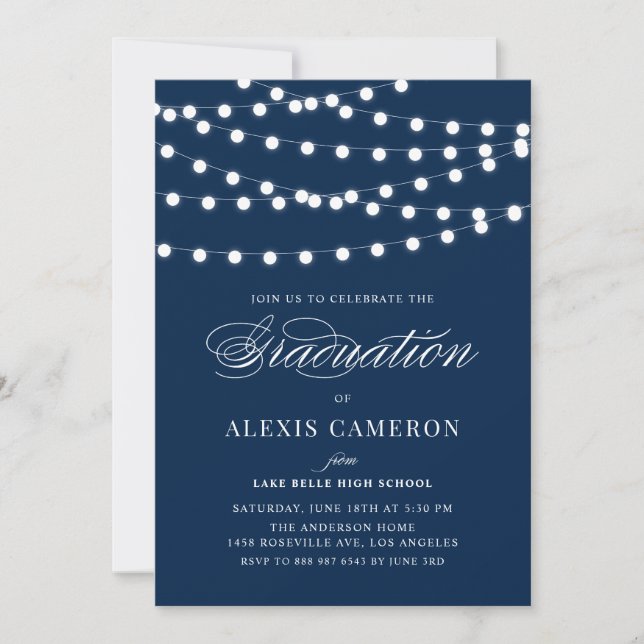 White Fairy Lights Navy Blue Graduation Party Invitation (Front)