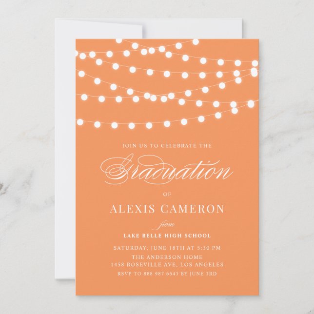 White Fairy Lights Orange Graduation Party Invitation (Front)