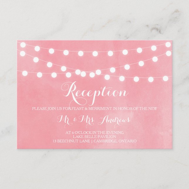 White Fairy Lights Rustic Pink Reception Card (Front)