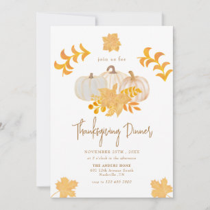 White Fall Pumpkin Autumn Leaves Thanksgiving Invitation