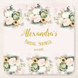 White fall Pumpkins floral Bridal Shower Square Paper Coaster