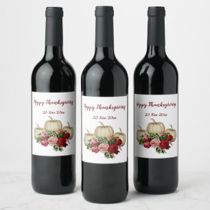 White Fall Pumpkins Rustic Roses Thanksgiving Wine Label