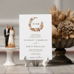 White Fall Terracotta Monogram Wreath Wedding Invitation<br><div class="desc">White Fall Terracotta Monogram Wreath Wedding Invitation. This elegant and rustic wedding invitation features hand-painted watercolor burnt orange and terracotta leaves, cream and beige dahlias, and beautiful rust-colored roses perfect for a fall or autumn wedding! The back of the invite has a beautiful leaf and floral pattern on a white...</div>