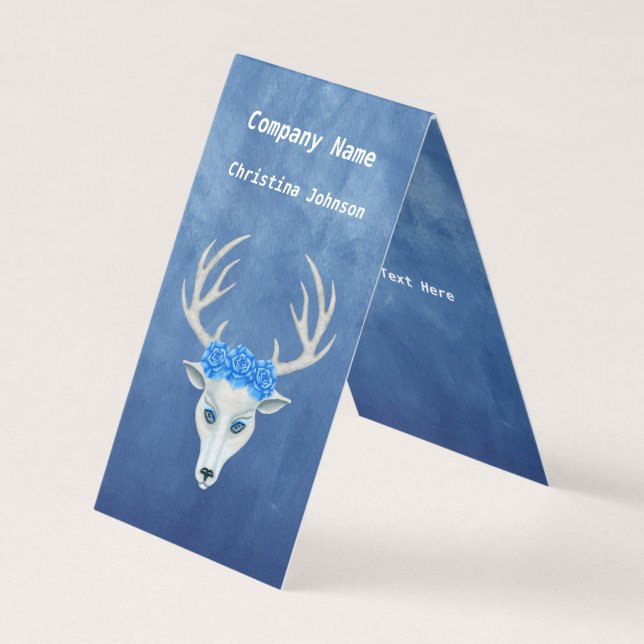 White Fantasy Deer Head Antlers Big Roses Blue Business Card (Front)