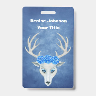 White Fantasy Deer Head Antlers Pretty Roses Blue ID Badge