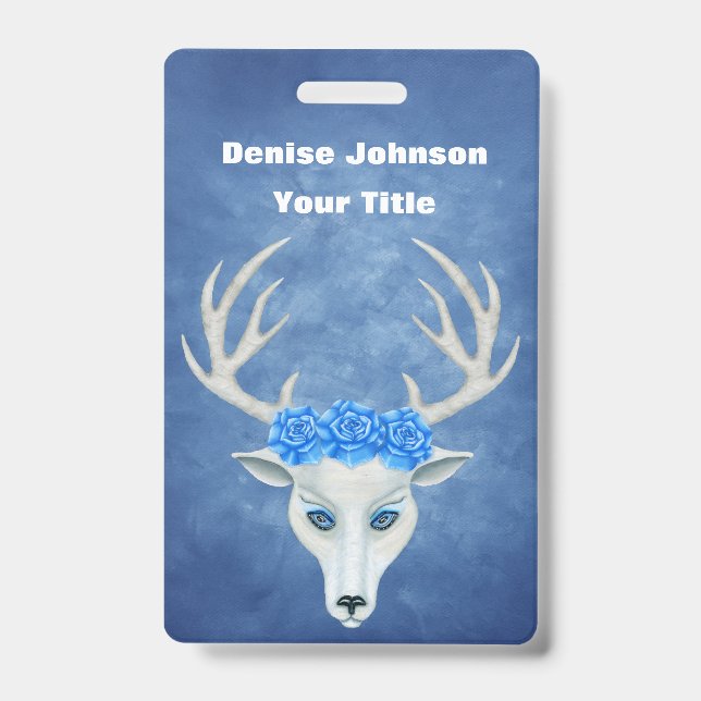 White Fantasy Deer Head Antlers Pretty Roses Blue ID Badge (Front)