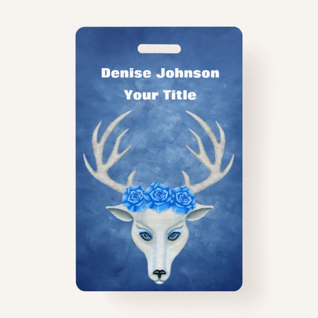 White Fantasy Deer Head Antlers Pretty Roses Blue ID Badge (Front)