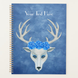 White Fantasy Deer Head Face Roses on blues Planner