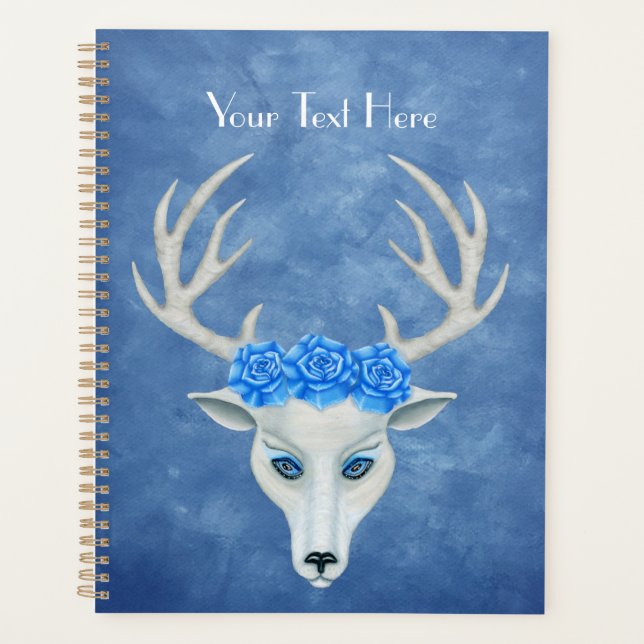 White Fantasy Deer Head Face Roses on blues Planner (Front)