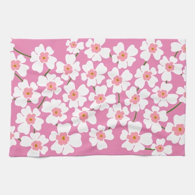 White Fantasy Flower Lover Pattern Pink   Tea Towel (Horizontal)