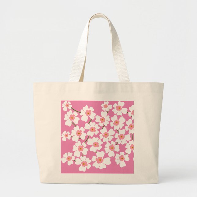 White Fantasy Flowers Pattern Pink  Large Tote Bag (Front)