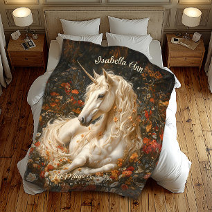 White Fantasy Forest Unicorn Laying in the Flowers Fleece Blanket