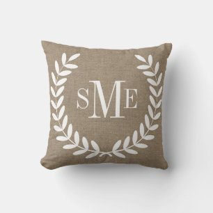 White Farmhouse Laurels Rustic Monogram Custom Cushion