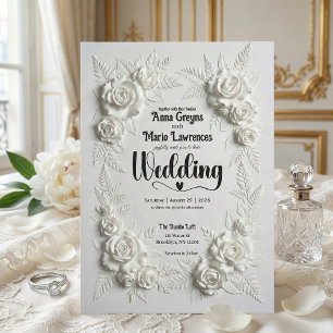 White Faux Bas Relief Floral Wedding Invitation