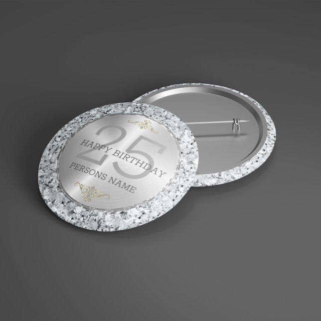 White faux diamonds 25th birthday 10 cm round badge (Creator Uploaded)