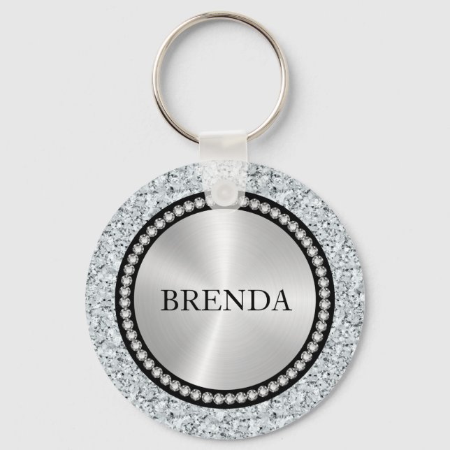 White faux diamonds pattern Monogram Key Ring (Front)