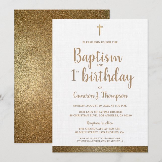White Faux Gold Cross Baptism and 1st birthday  Invitation (Front/Back)