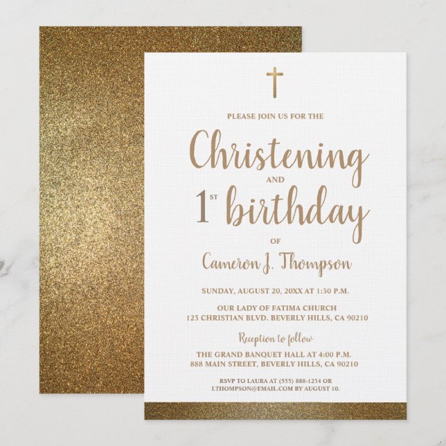 White Faux Gold Cross Christening & 1st birthday  Invitation (Front/Back)