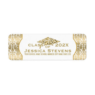 White & Faux Gold Damasks & Glitter Grad Hat Label