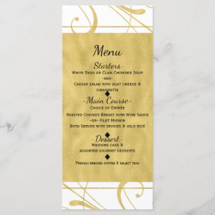 White & Faux Gold Floral Swirl Chic Wedding Menu
