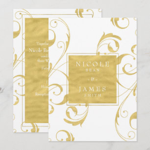 White & Faux Gold Floral Swirl Elegant Wedding Invitation