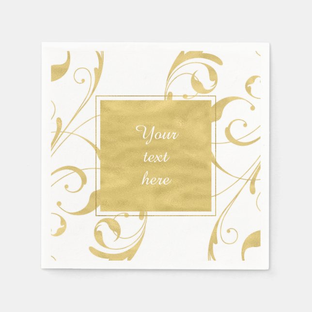 White & Faux Gold Floral Swirl Elegant Wedding Napkin (Front)