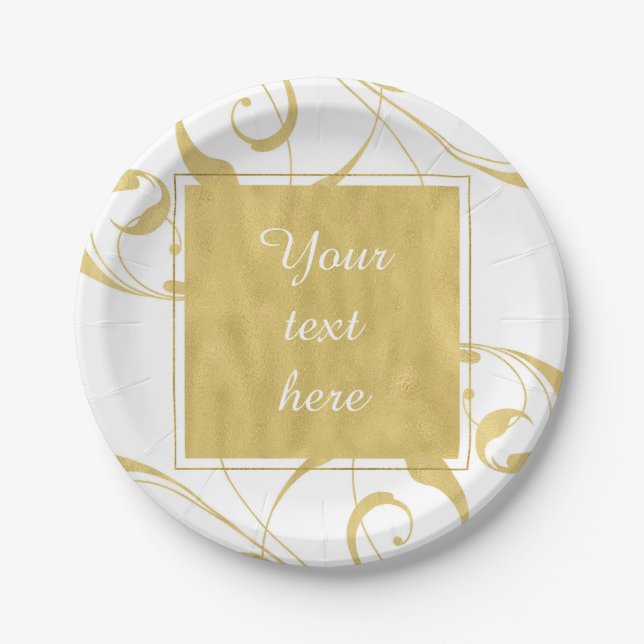 White & Faux Gold Floral Swirl Elegant Wedding Paper Plate (Front)