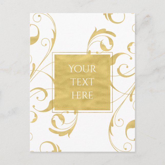 White & Faux Gold Floral Swirl Elegant Wedding Postcard (Front)