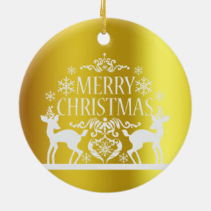 White Faux Gold Merry Christmas Ceramic Ornament