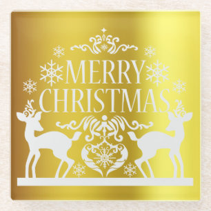 White Faux Gold Merry Christmas Glass Coaster