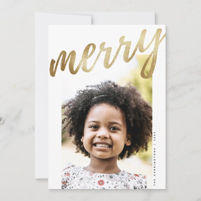 White Faux Gold Script Merry Holiday Photo Card (Front)