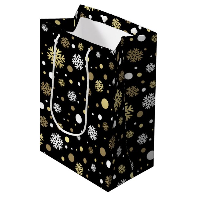 White Faux Gold Snowflakes Polkadots On Black Medium Gift Bag (Front Angled)
