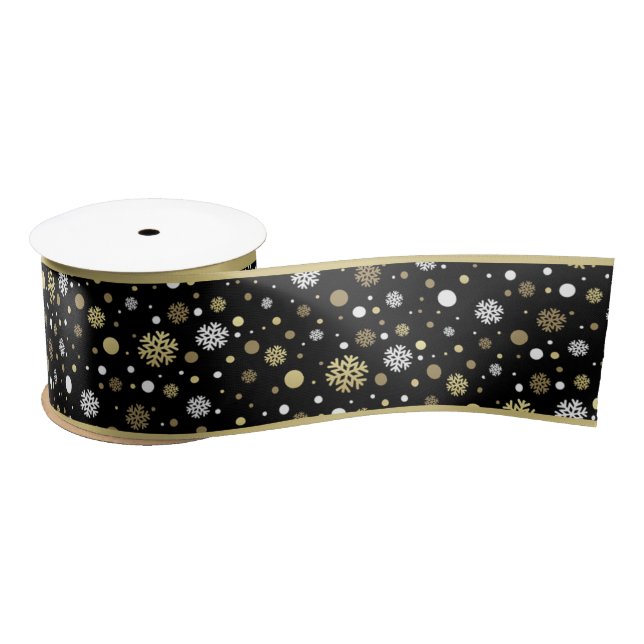 White Faux Gold Snowflakes Polkadots On Black Satin Ribbon (Spool)