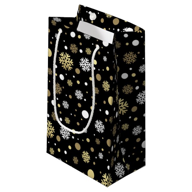 White Faux Gold Snowflakes Polkadots On Black Small Gift Bag (Front Angled)