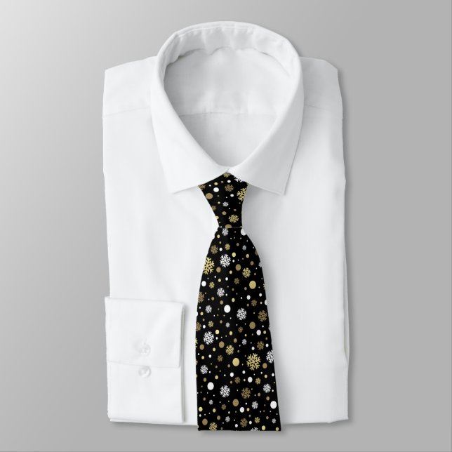 White Faux Gold Snowflakes Polkadots On Black Tie (Tied)
