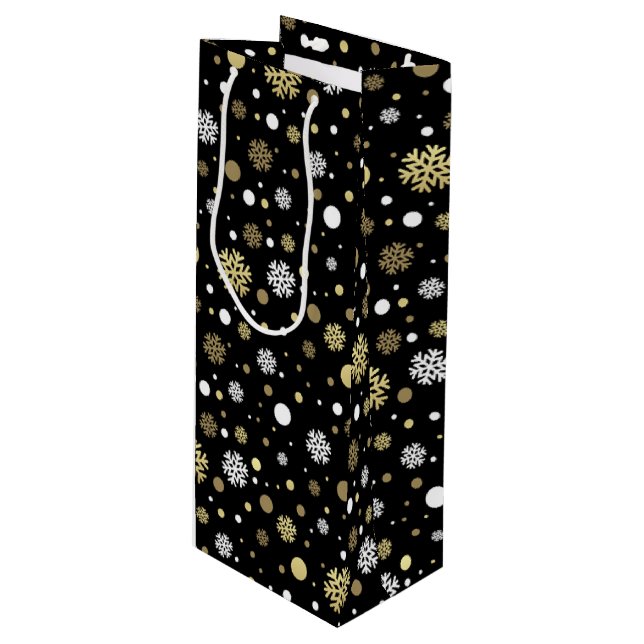 White Faux Gold Snowflakes Polkadots On Black Wine Gift Bag (Front Angled)