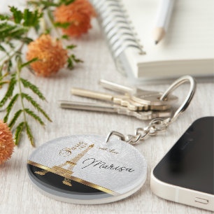 White Faux Leather with Gold Paris Accent Key Ring