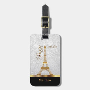 White Faux Leather with Gold Paris Accent Luggage Tag